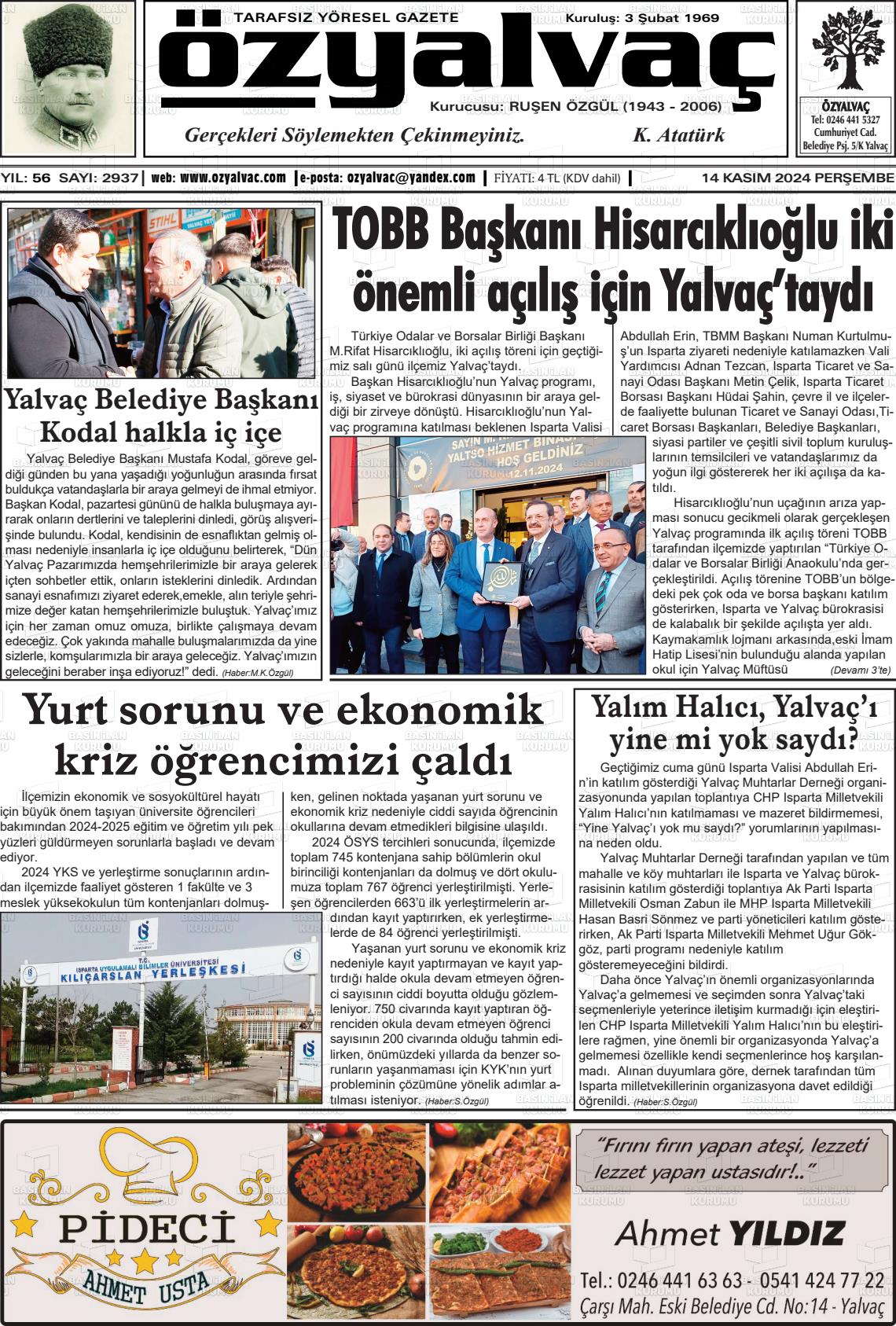 14 Kasım 2024 Öz Yalvaç Gazete Manşeti