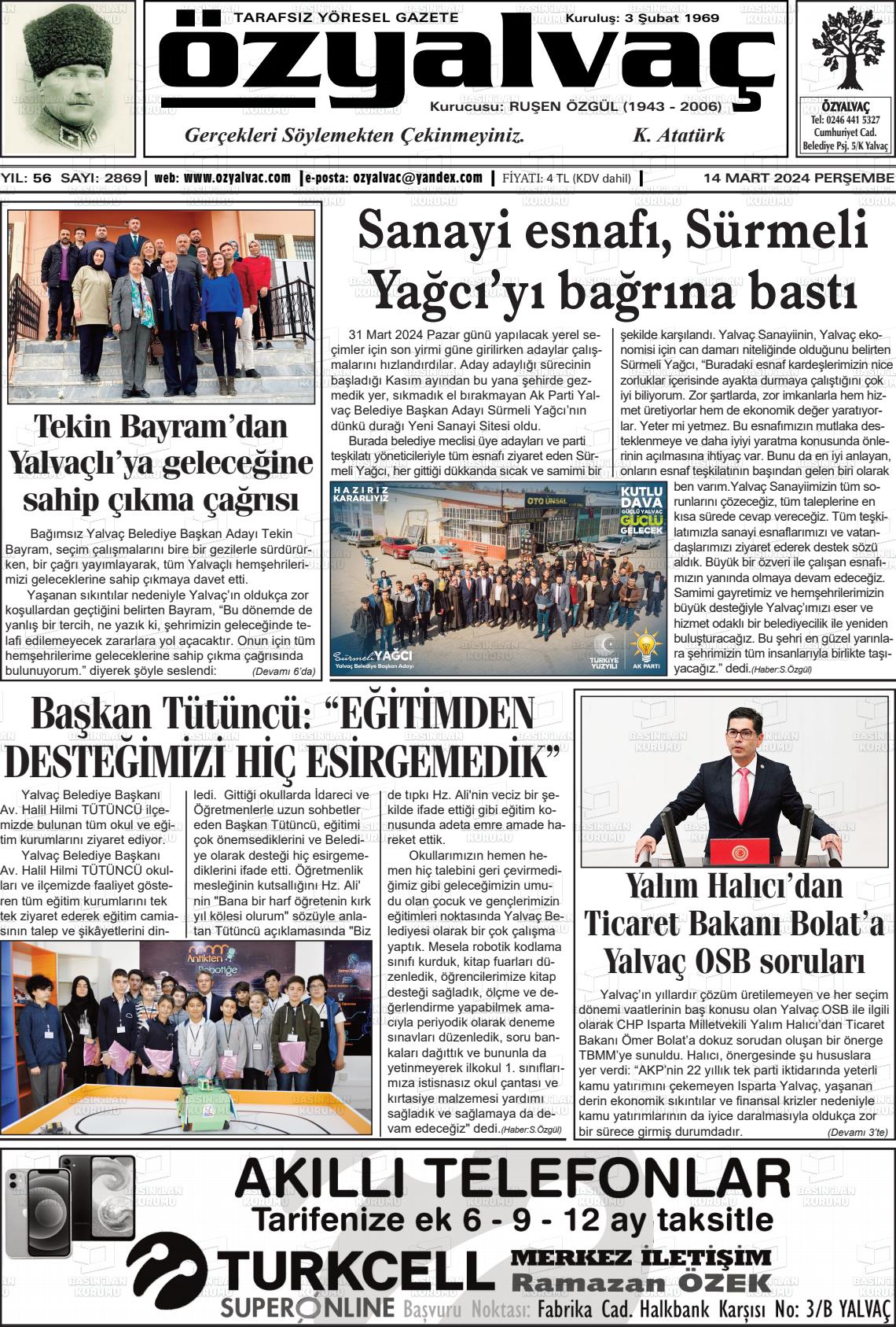 14 Mart 2024 Öz Yalvaç Gazete Manşeti