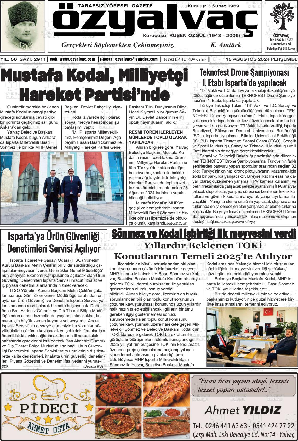 15 Ağustos 2024 Öz Yalvaç Gazete Manşeti