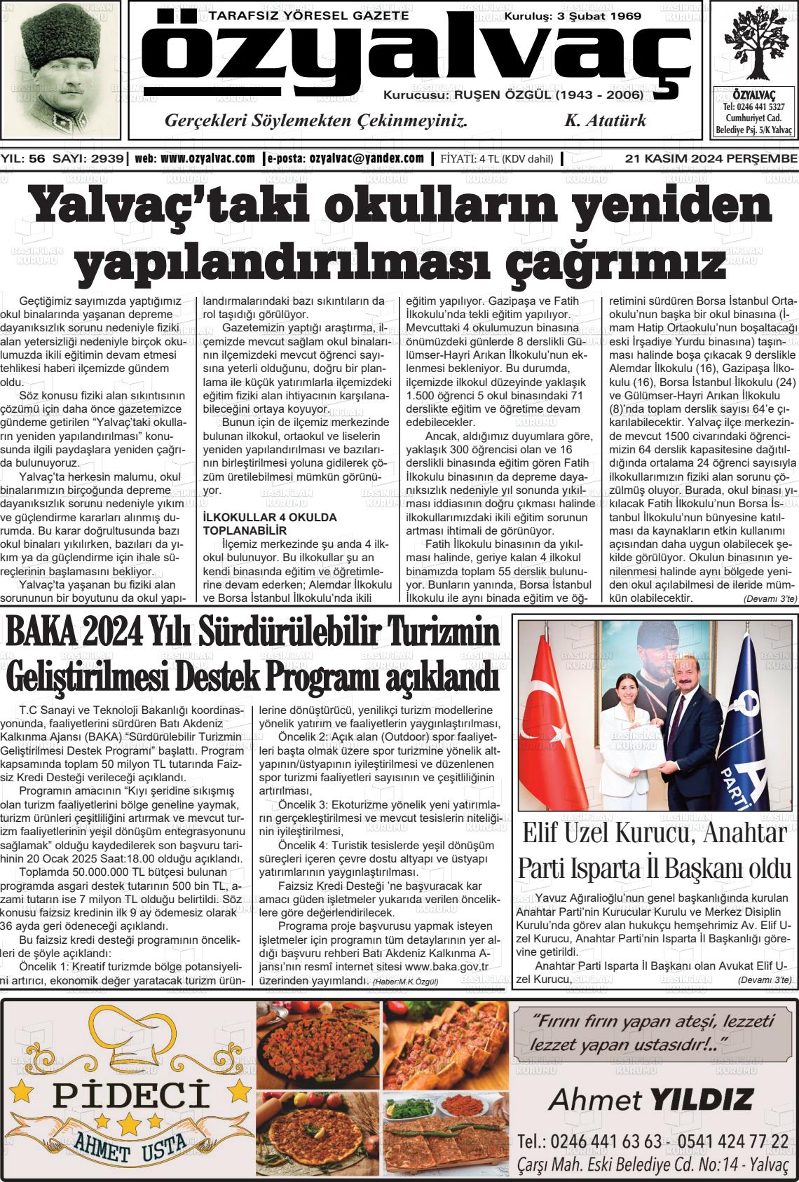 21 Kasım 2024 Öz Yalvaç Gazete Manşeti