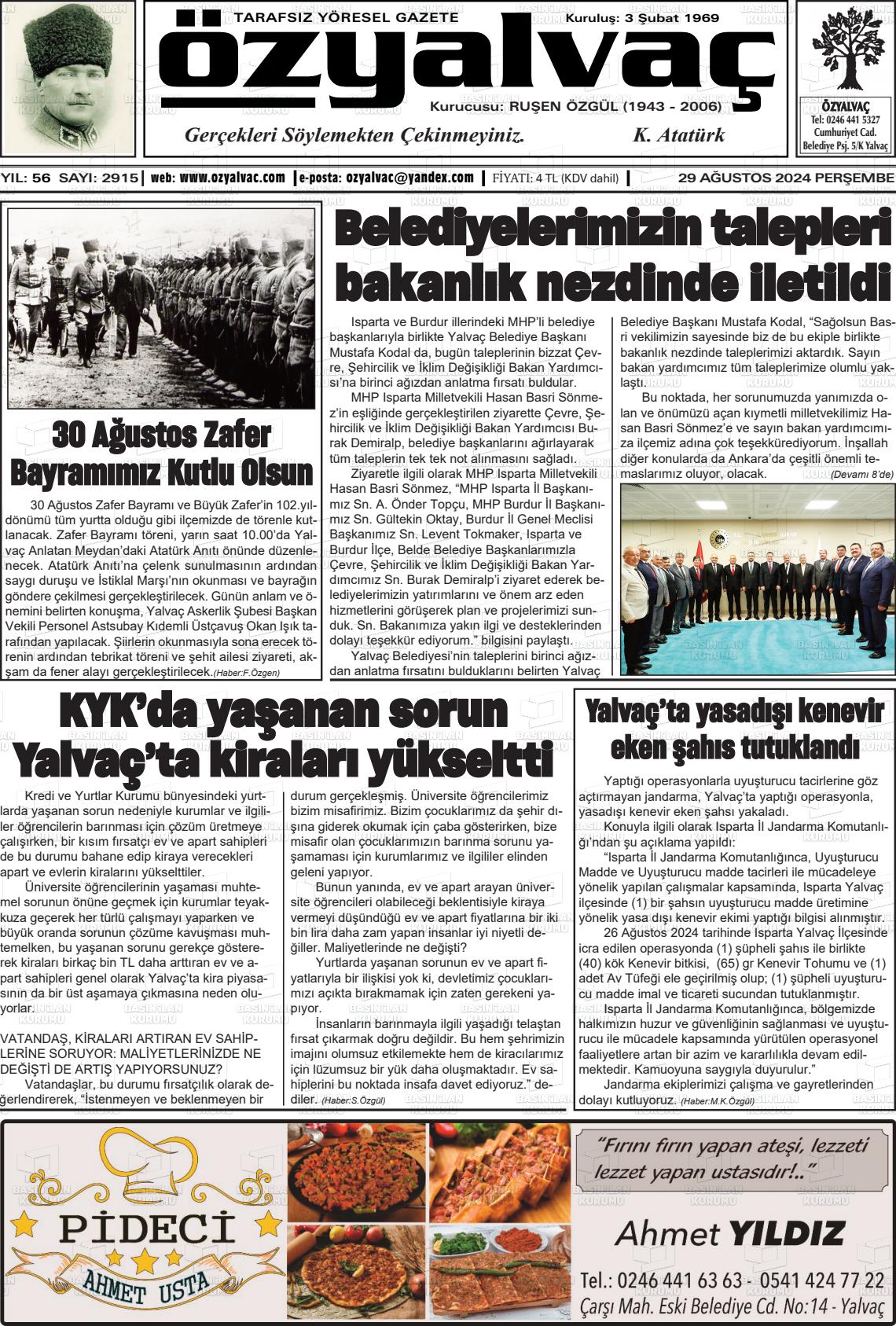 29 Ağustos 2024 Öz Yalvaç Gazete Manşeti