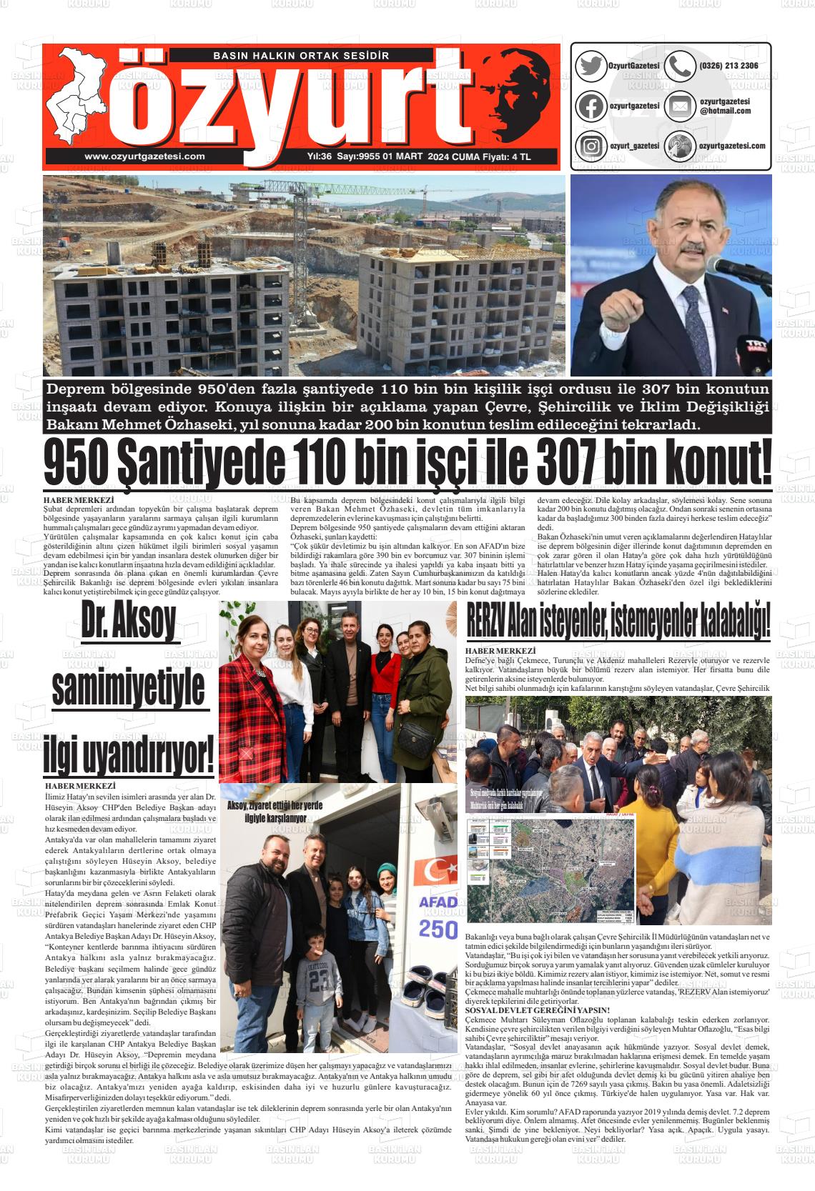 01 Mart 2024 Özyurt Gazete Manşeti