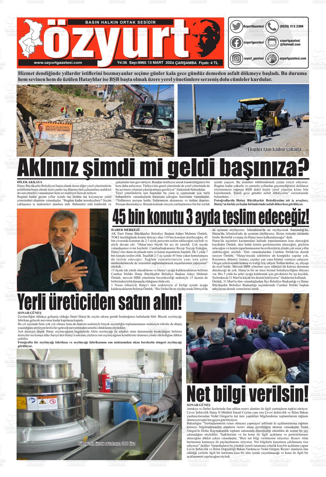 13 Mart 2024 Özyurt Gazete Manşeti