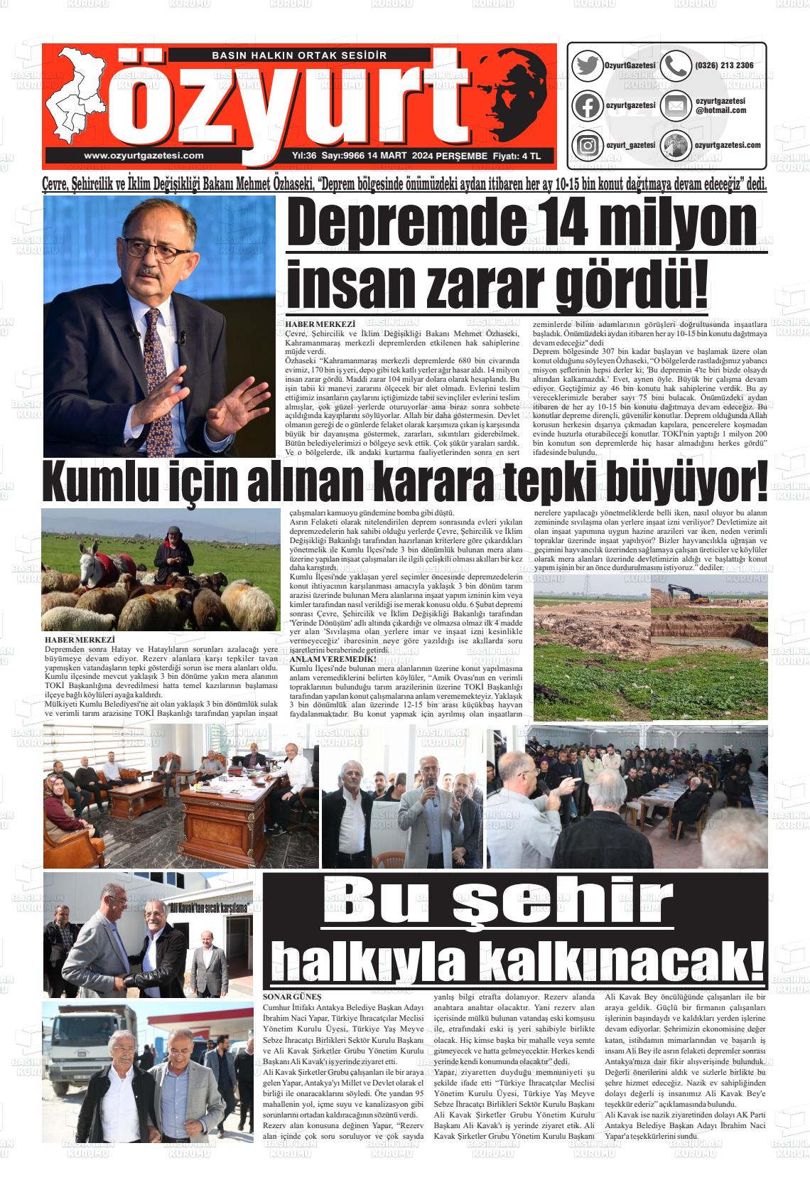 14 Mart 2024 Özyurt Gazete Manşeti