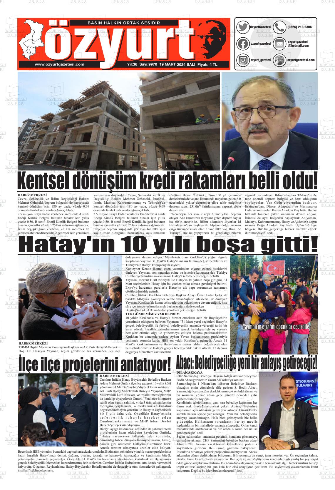 19 Mart 2024 Özyurt Gazete Manşeti