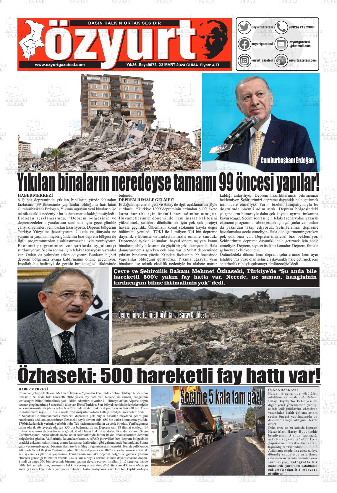 22 Mart 2024 Özyurt Gazete Manşeti