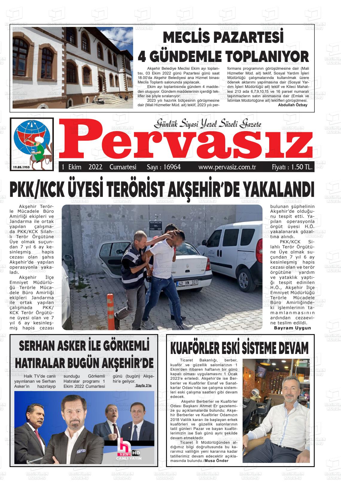 01 Ekim 2022 Konya Pervasız Gazete Manşeti