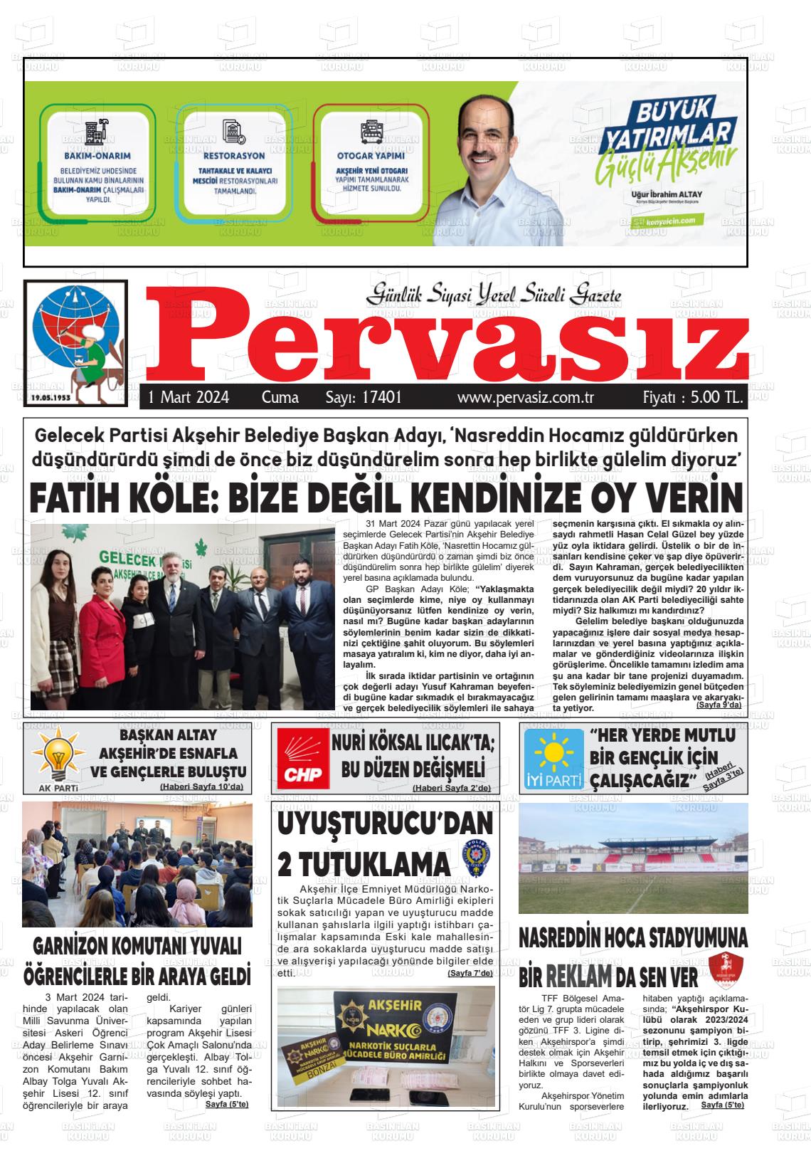 01 Mart 2024 Konya Pervasız Gazete Manşeti