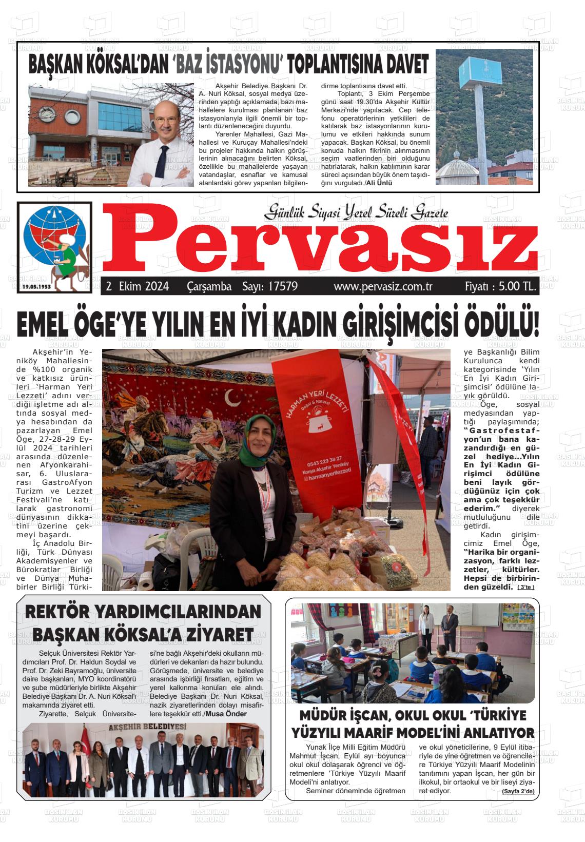 02 Ekim 2024 Konya Pervasız Gazete Manşeti