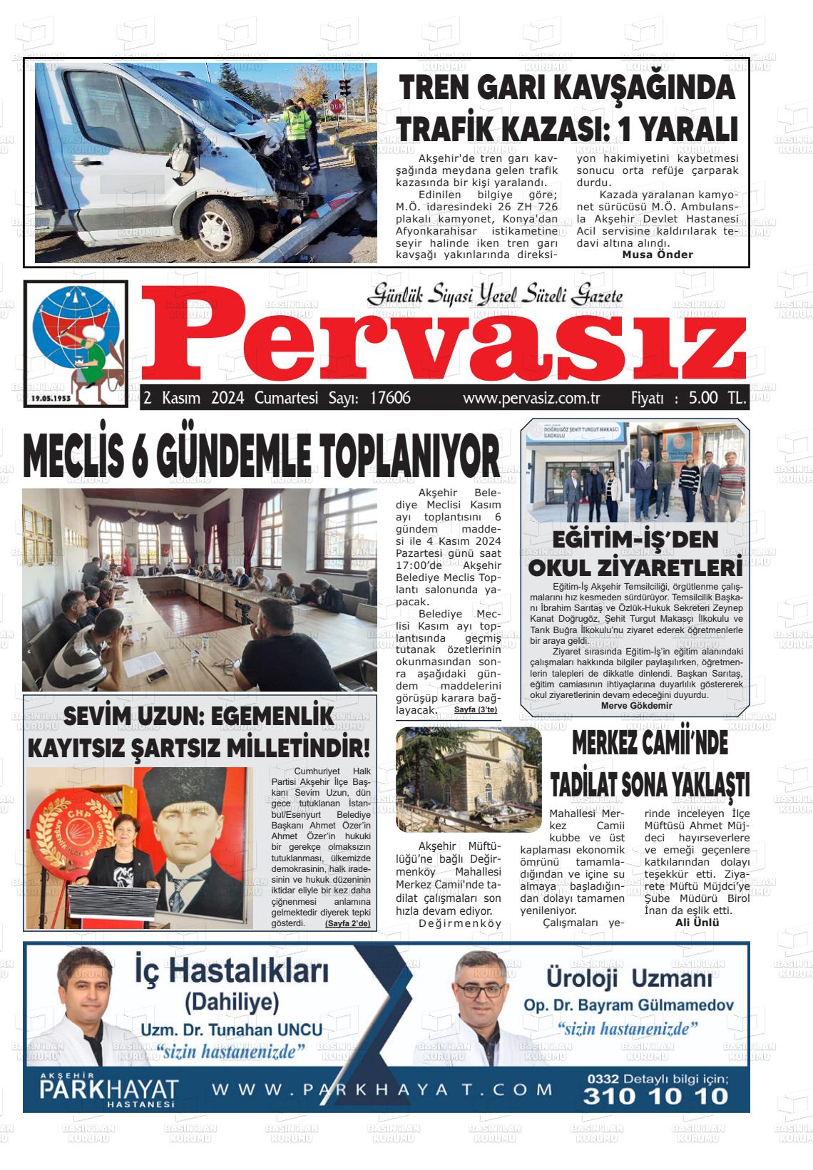 02 Kasım 2024 Konya Pervasız Gazete Manşeti