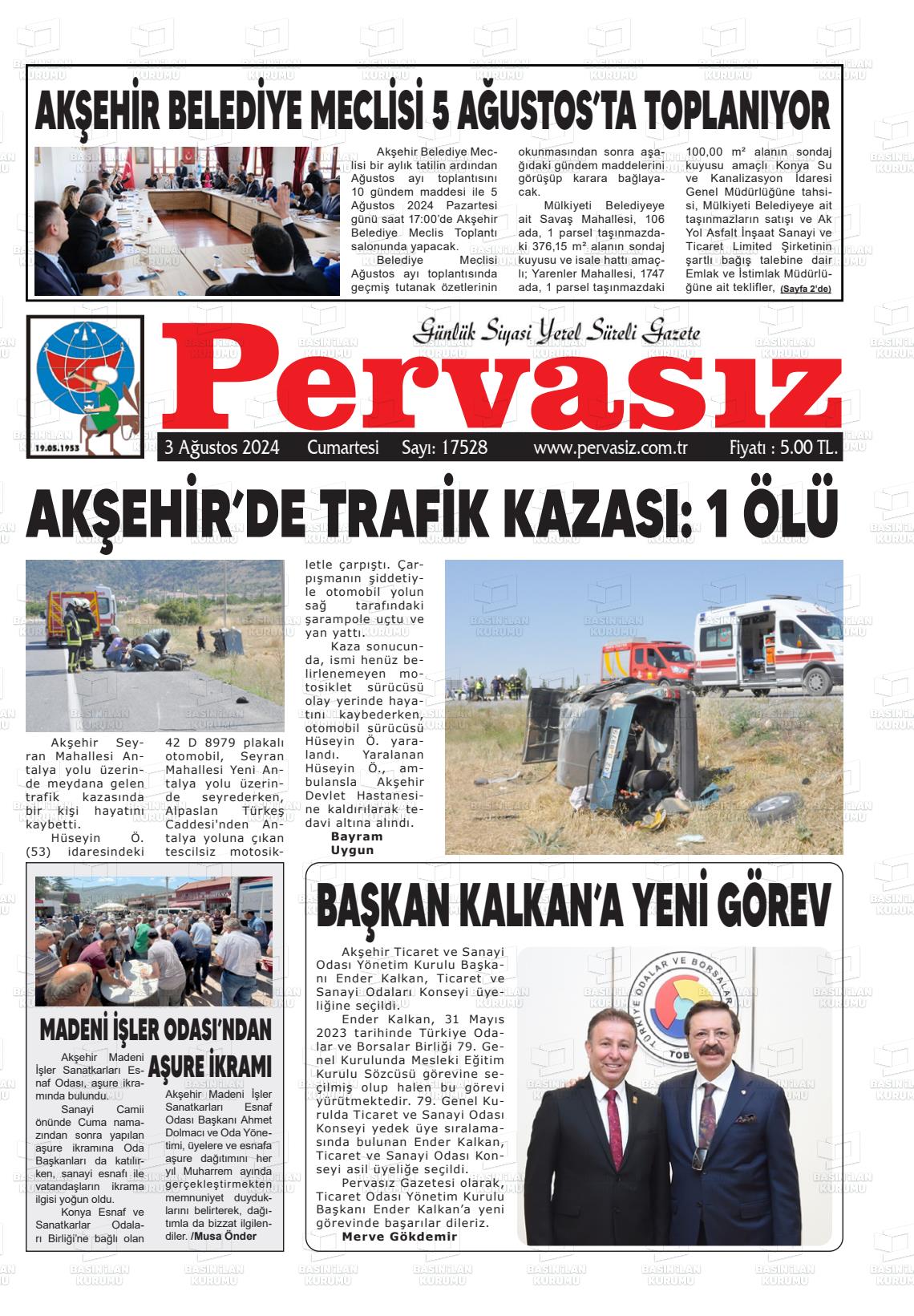 03 Ağustos 2024 Konya Pervasız Gazete Manşeti