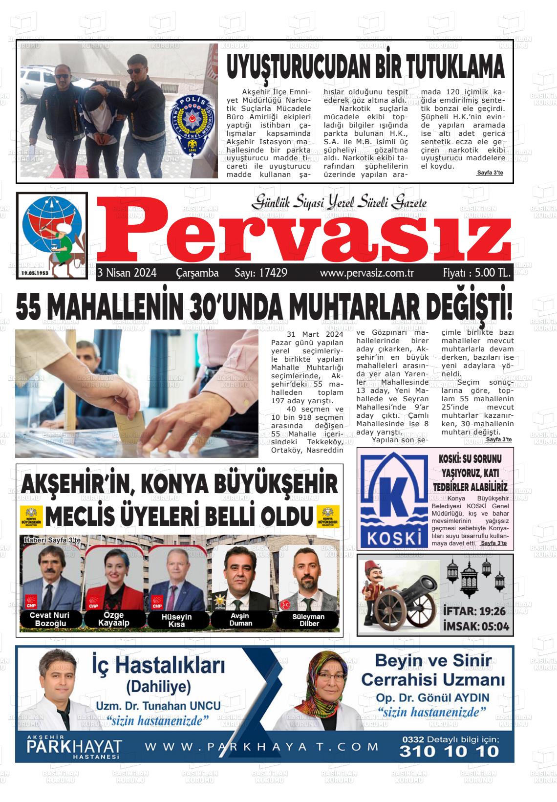 03 Nisan 2024 Konya Pervasız Gazete Manşeti