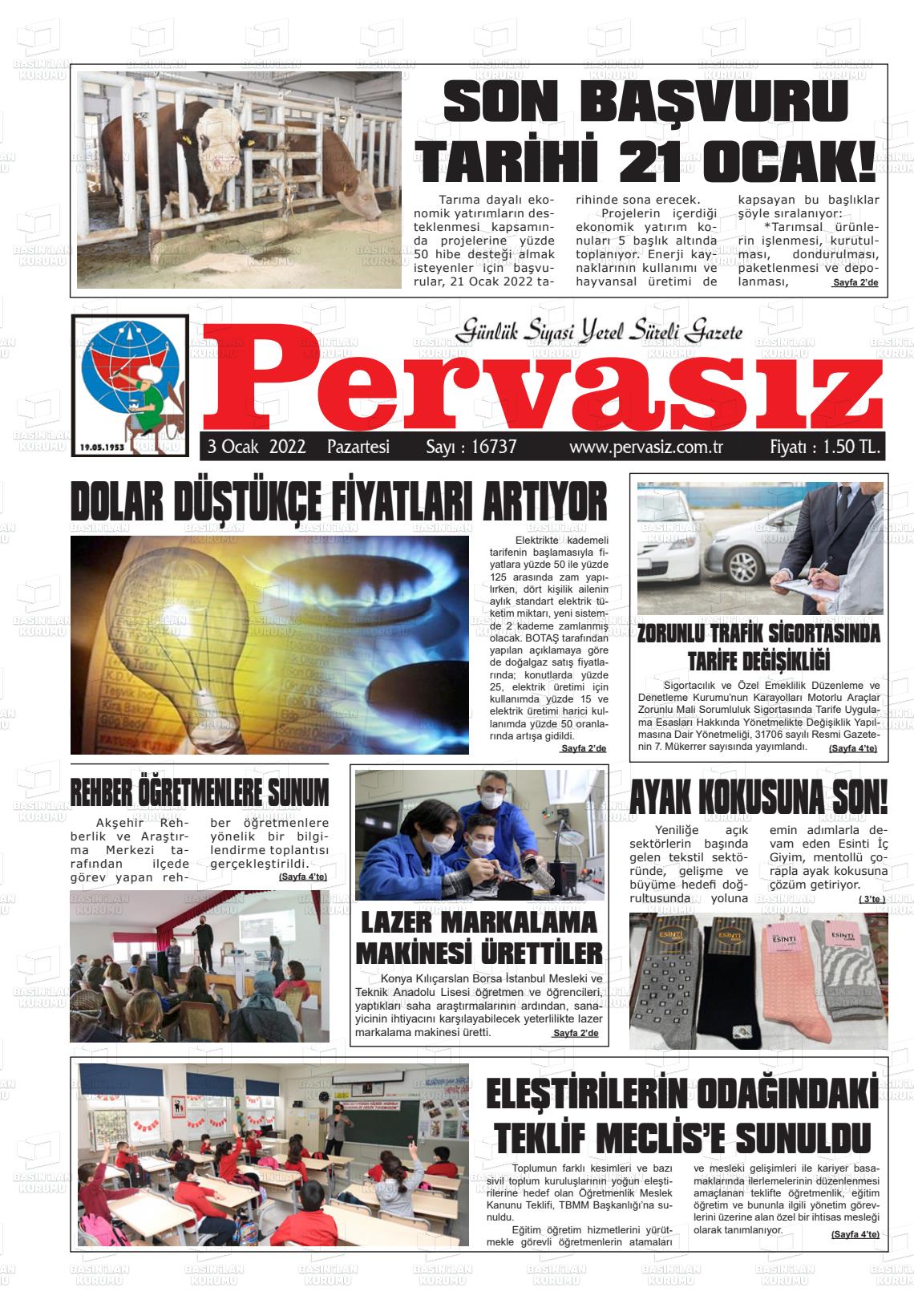 03 Ocak 2022 Konya Pervasız Gazete Manşeti