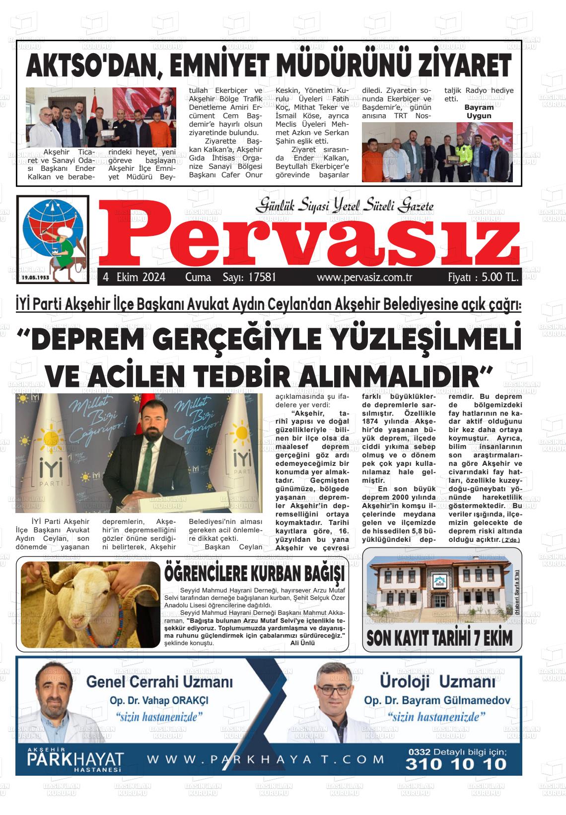 04 Ekim 2024 Konya Pervasız Gazete Manşeti