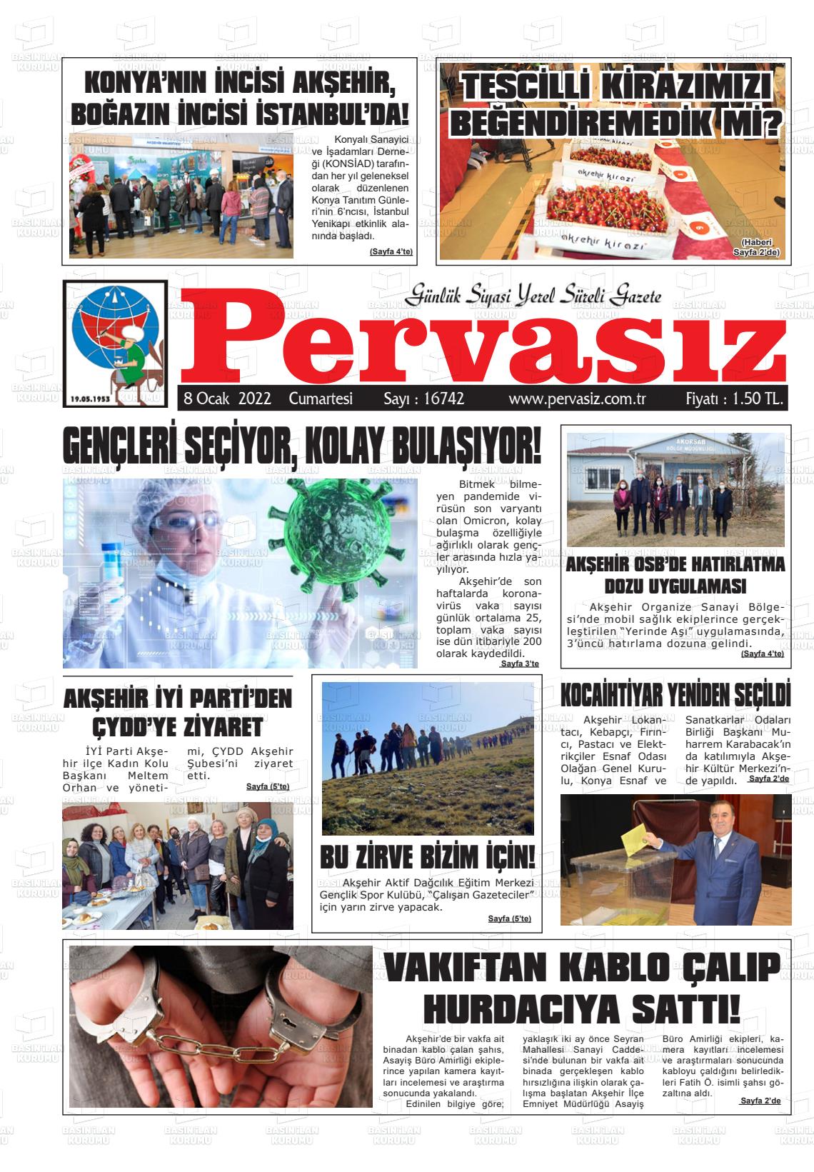 08 Ocak 2022 Konya Pervasız Gazete Manşeti