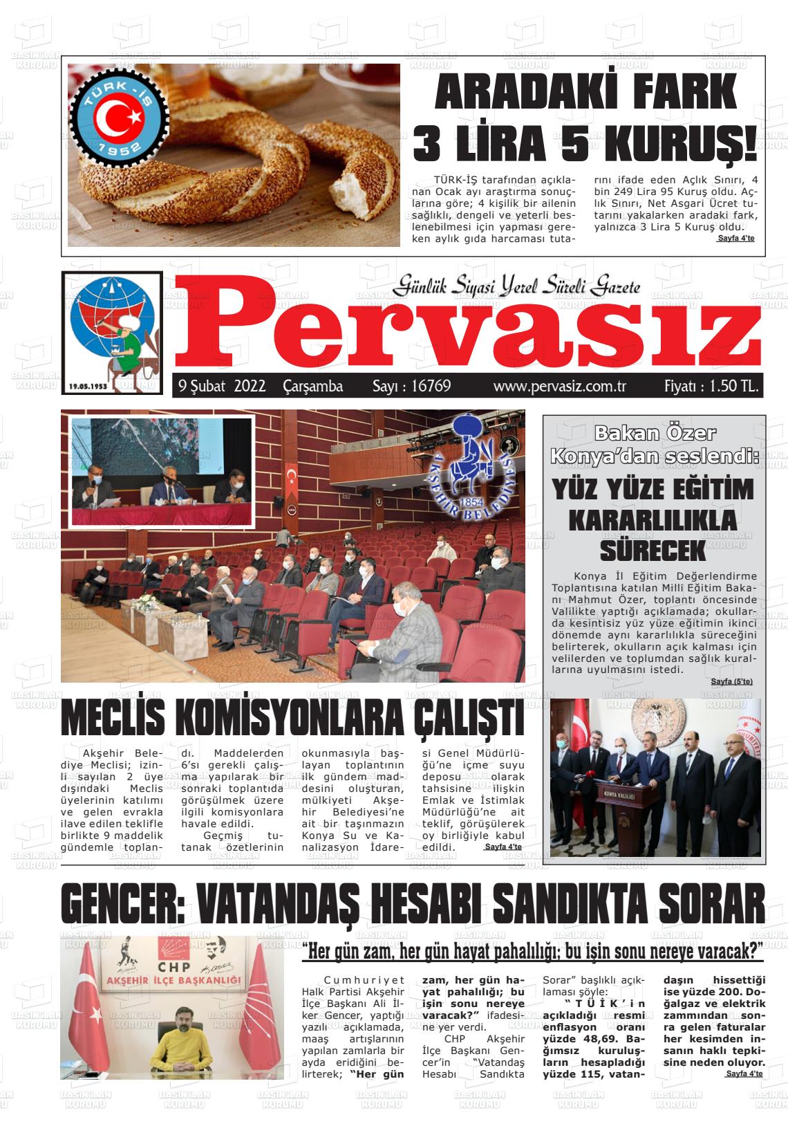 09 Şubat 2022 Konya Pervasız Gazete Manşeti