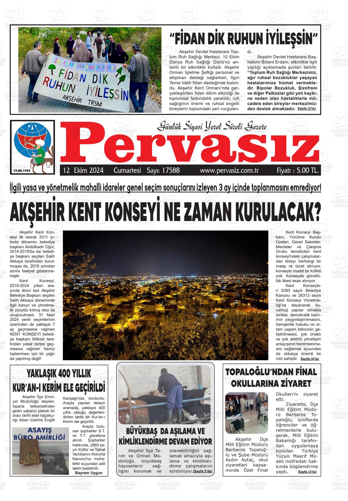 12 Ekim 2024 Konya Pervasız Gazete Manşeti