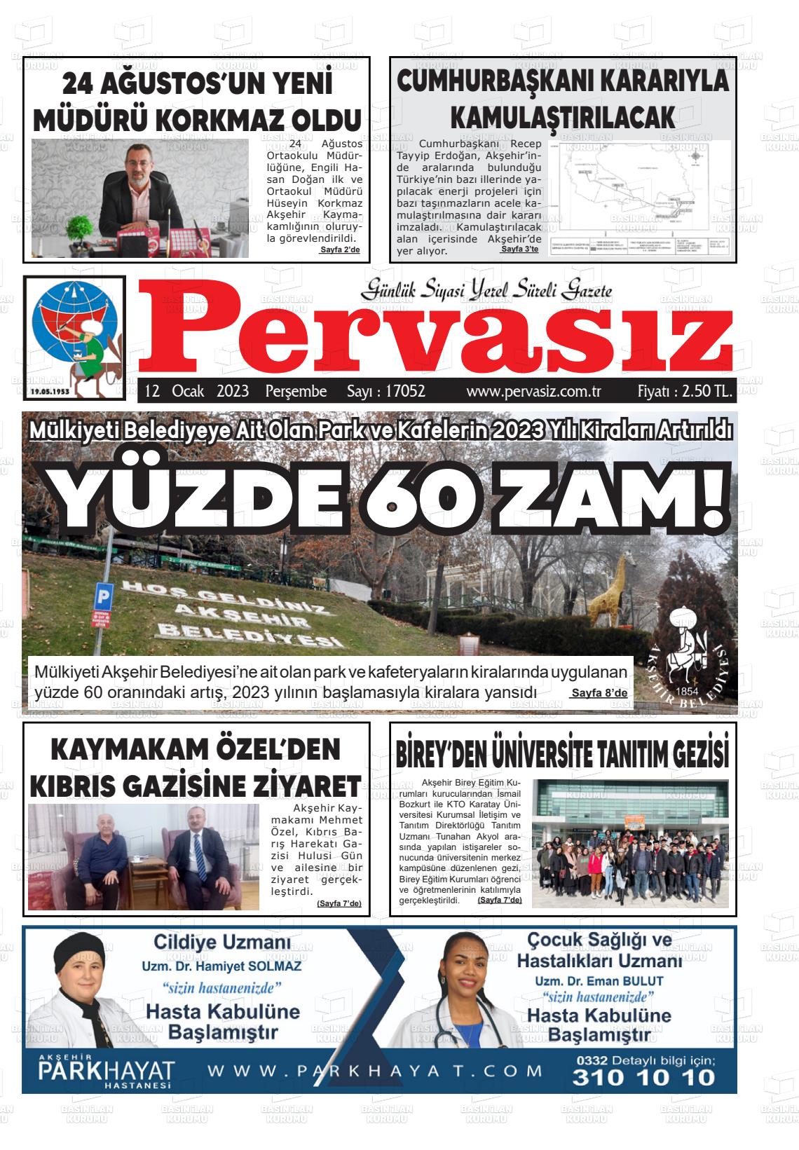 12 Ocak 2023 Konya Pervasız Gazete Manşeti