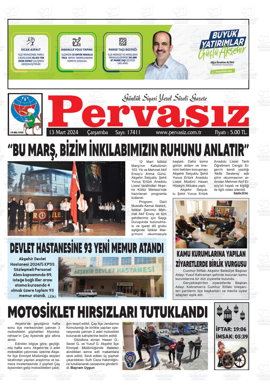 13 Mart 2024 Konya Pervasız Gazete Manşeti