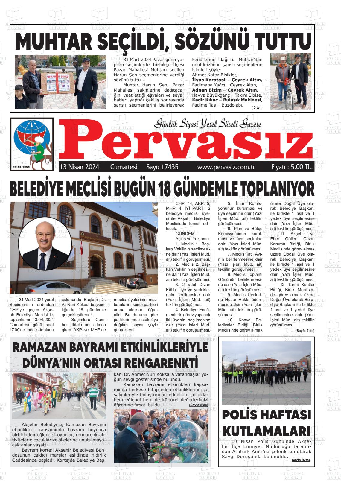 13 Nisan 2024 Konya Pervasız Gazete Manşeti