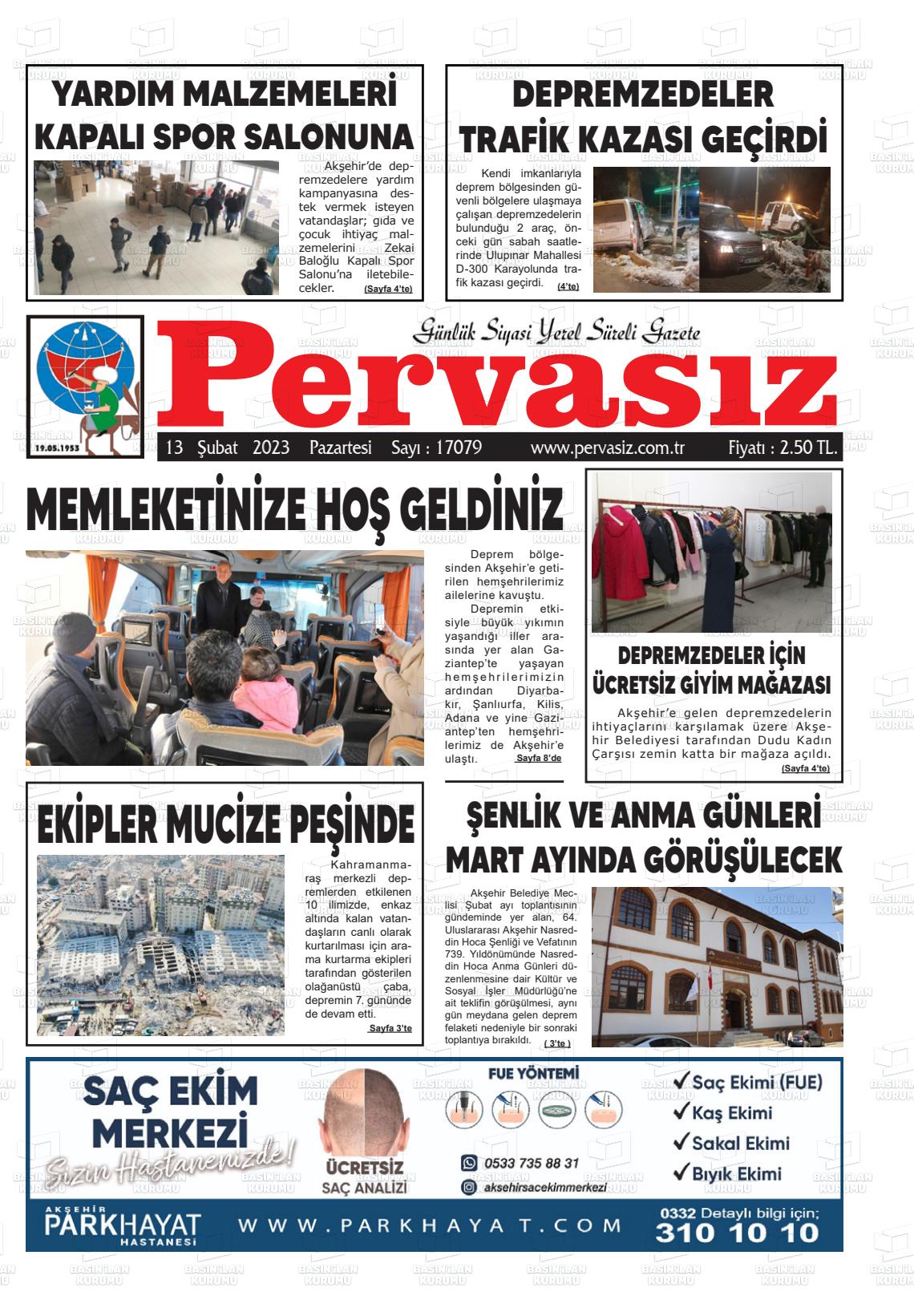 13 Şubat 2023 Konya Pervasız Gazete Manşeti