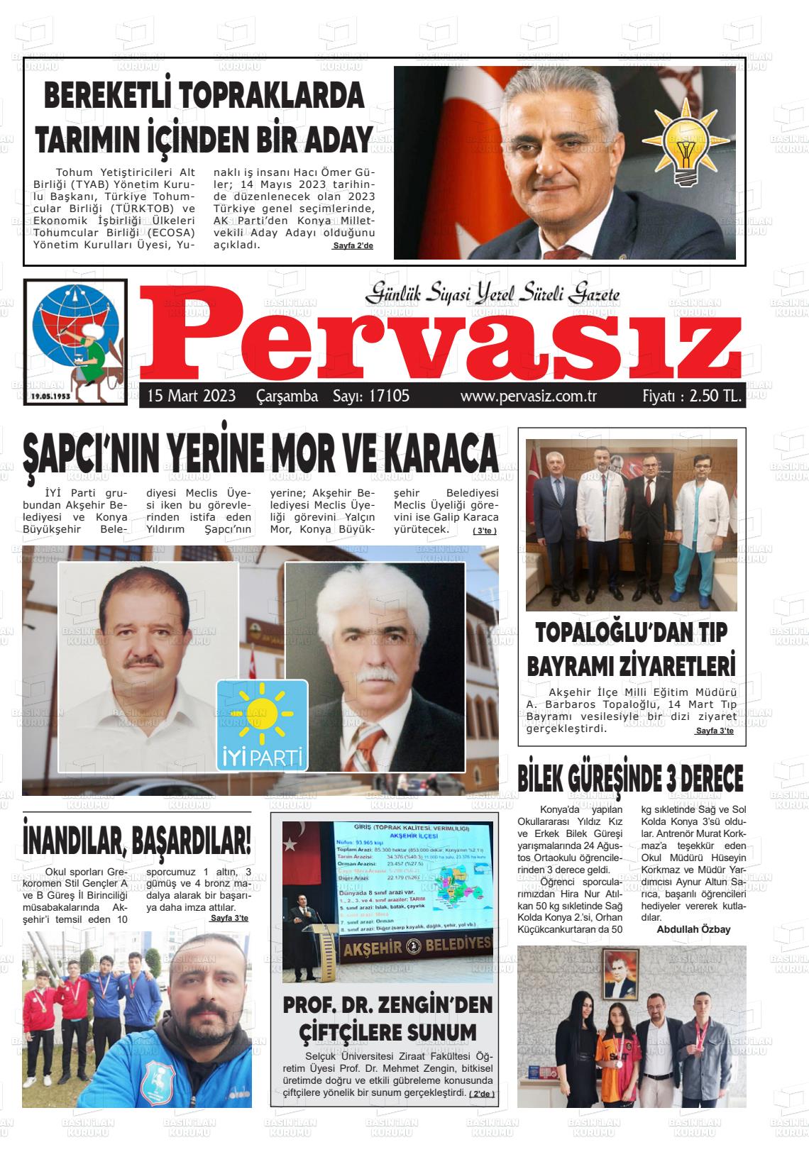 15 Mart 2023 Konya Pervasız Gazete Manşeti