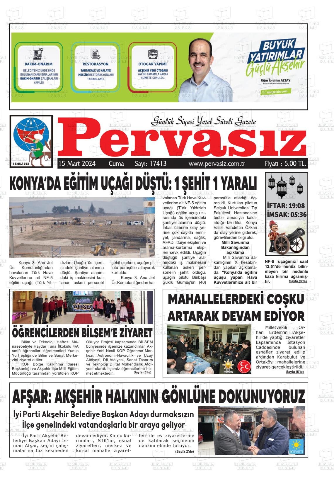 15 Mart 2024 Konya Pervasız Gazete Manşeti