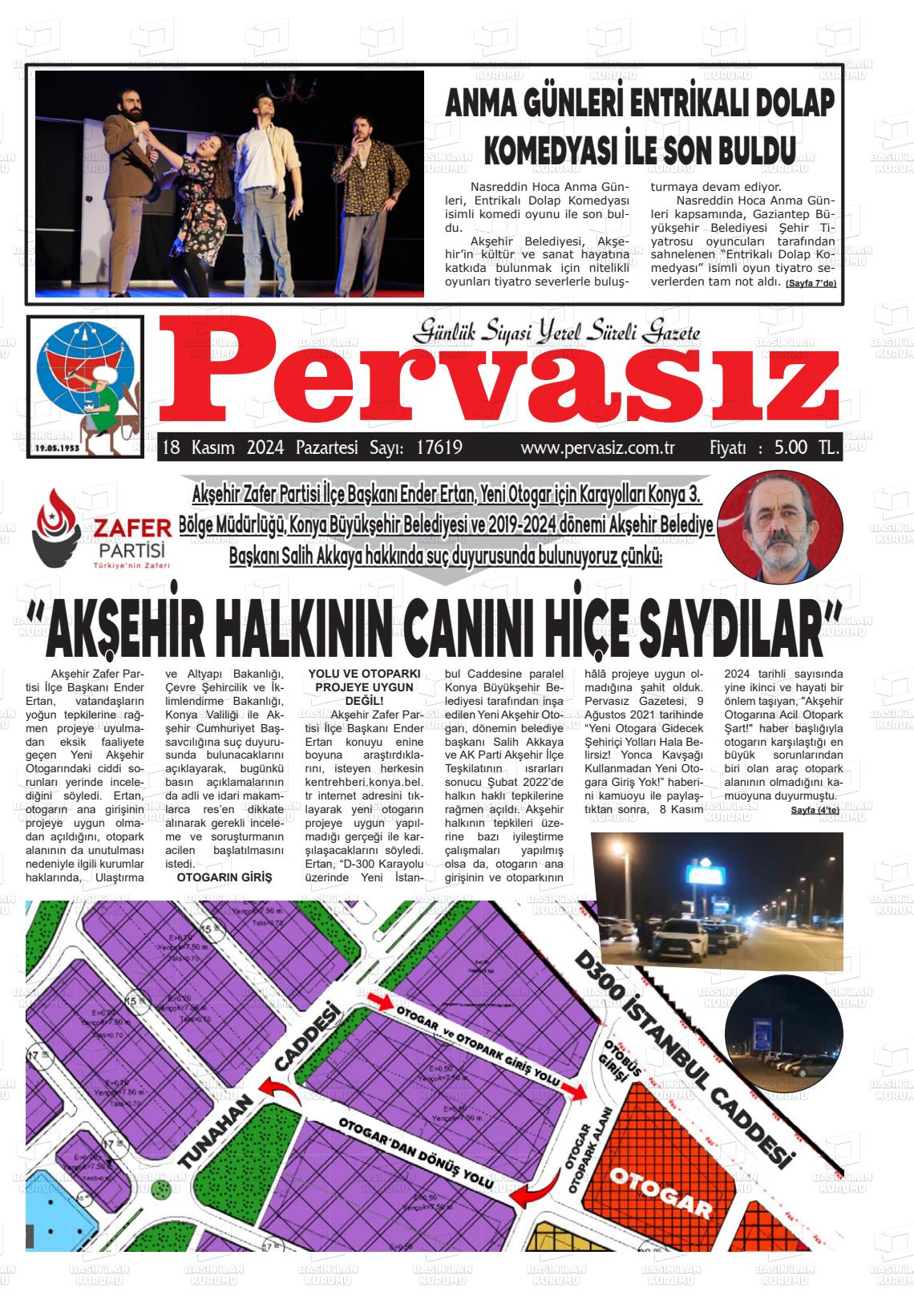 18 Kasım 2024 Konya Pervasız Gazete Manşeti