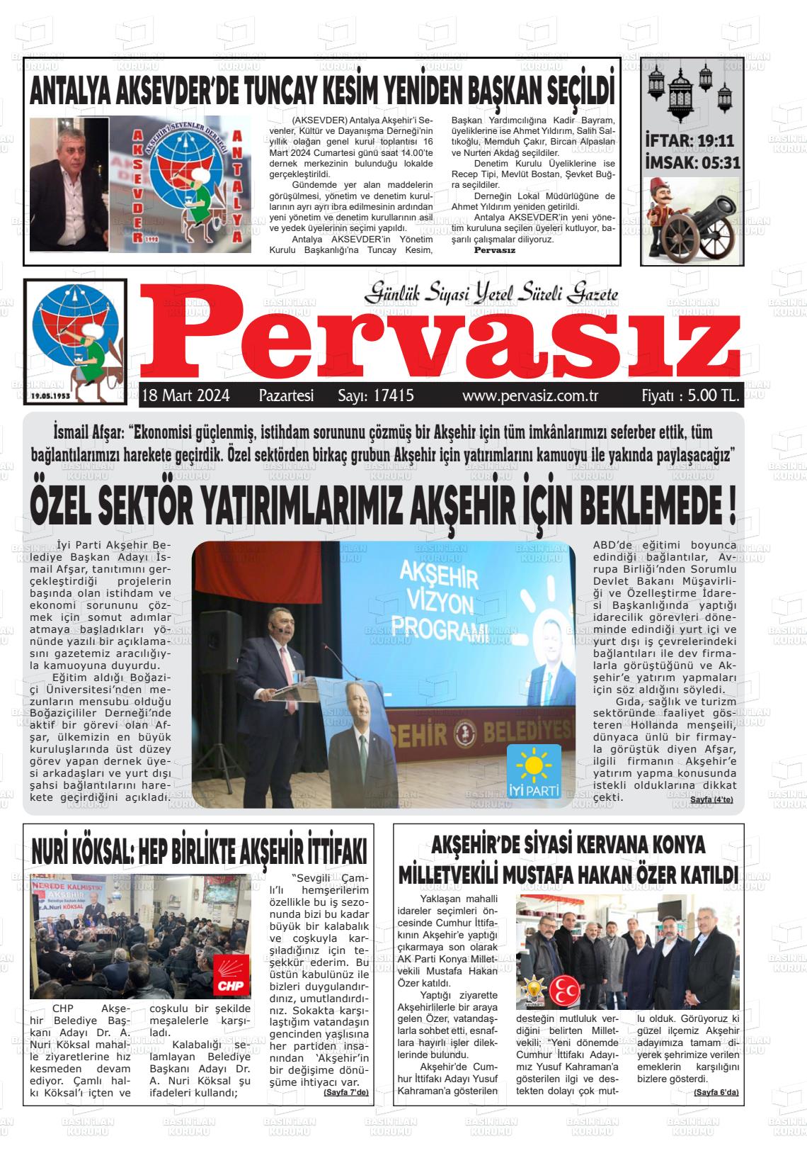 18 Mart 2024 Konya Pervasız Gazete Manşeti