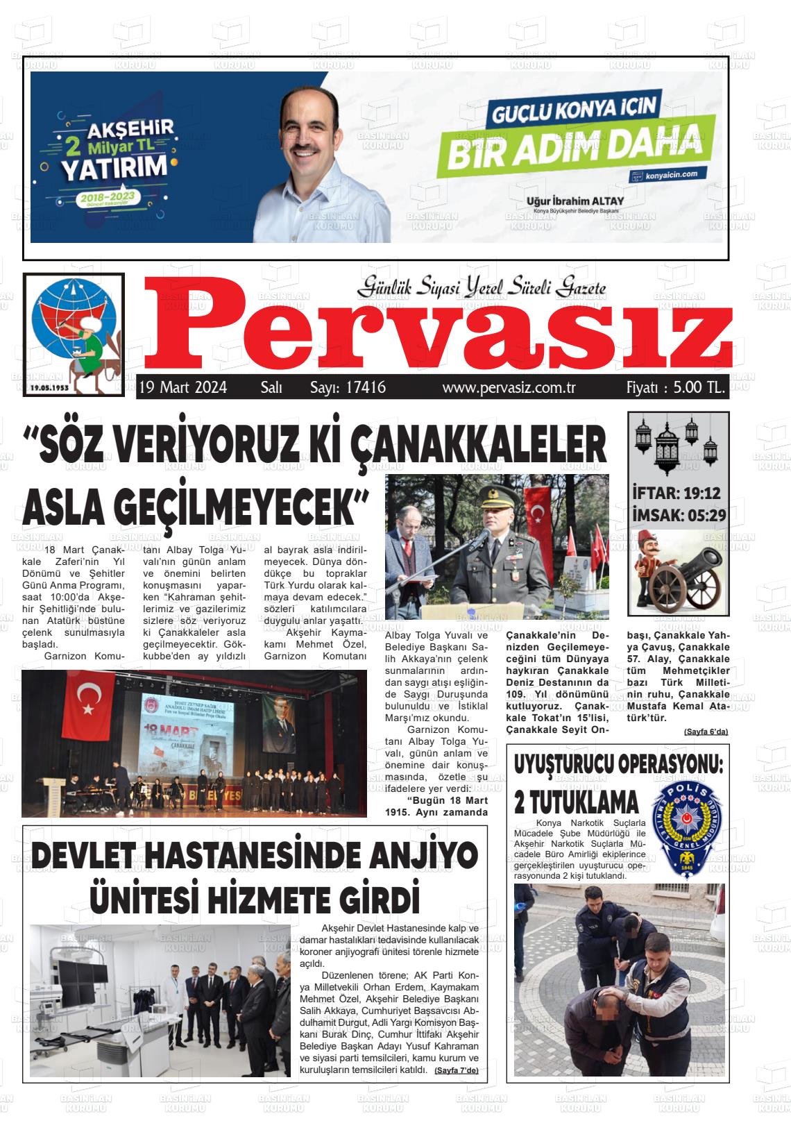 19 Mart 2024 Konya Pervasız Gazete Manşeti