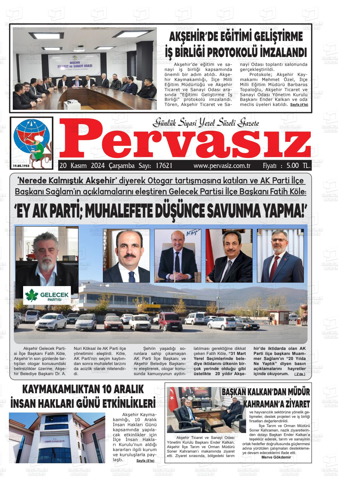 20 Kasım 2024 Konya Pervasız Gazete Manşeti