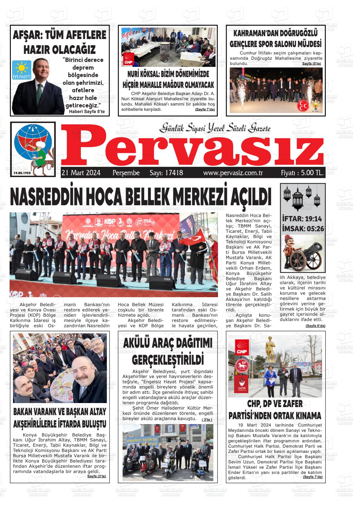 21 Mart 2024 Konya Pervasız Gazete Manşeti