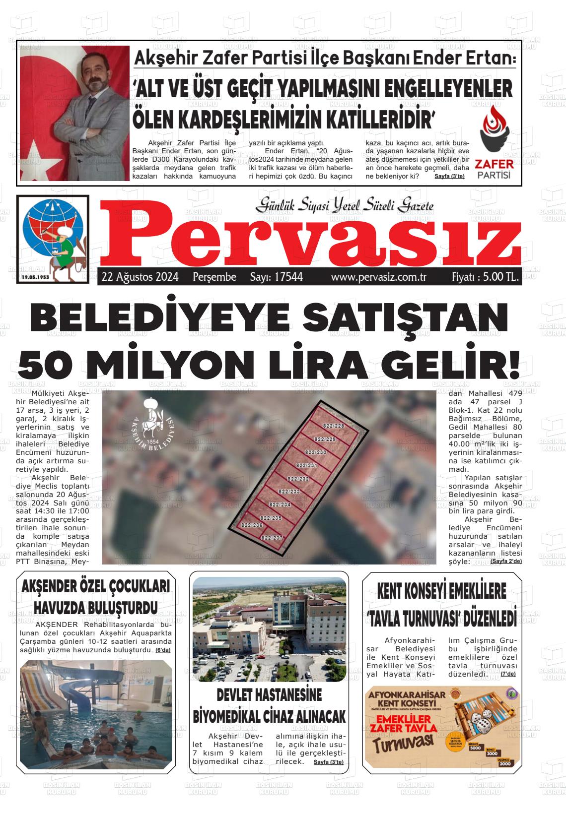 22 Ağustos 2024 Konya Pervasız Gazete Manşeti