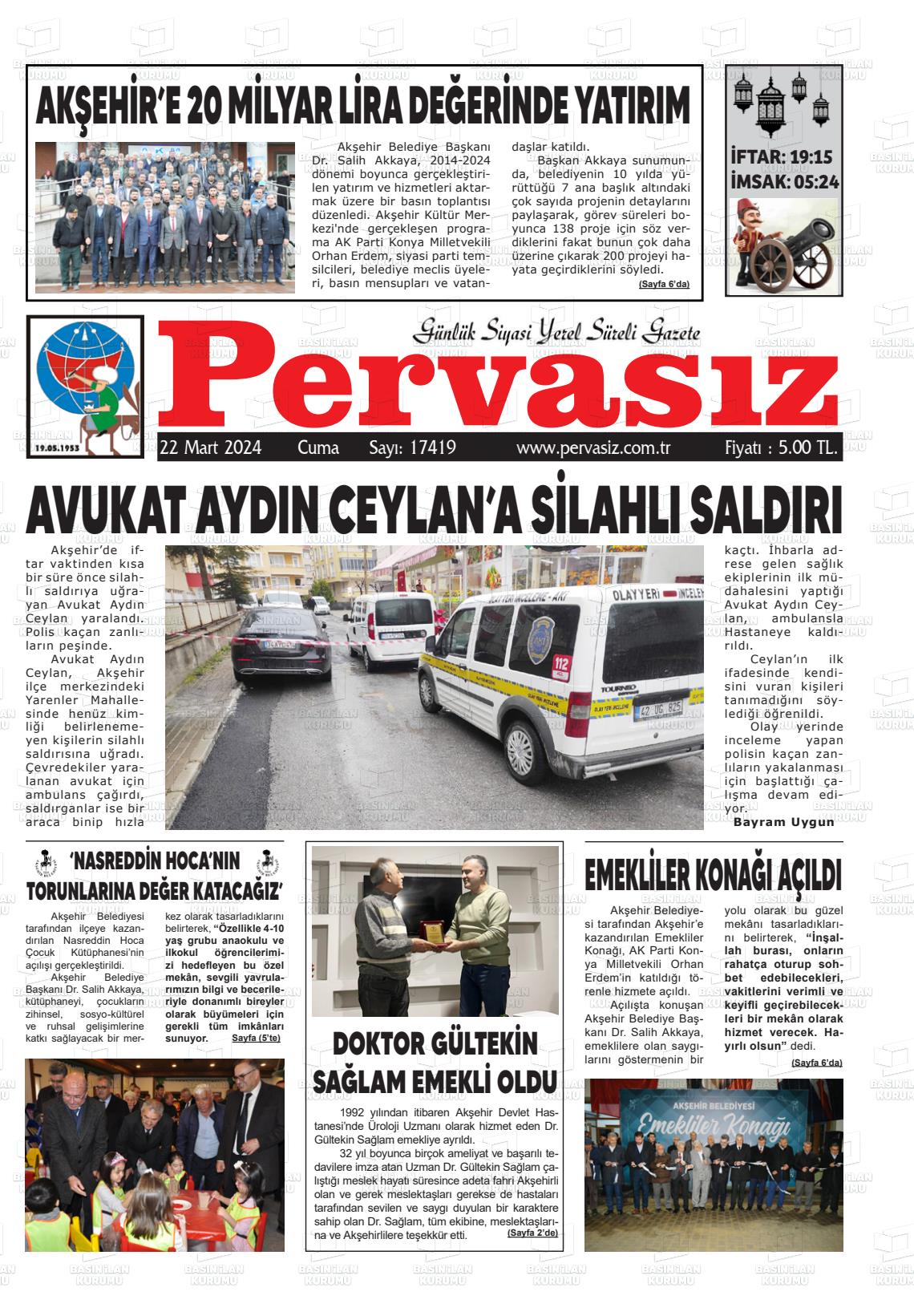 22 Mart 2024 Konya Pervasız Gazete Manşeti