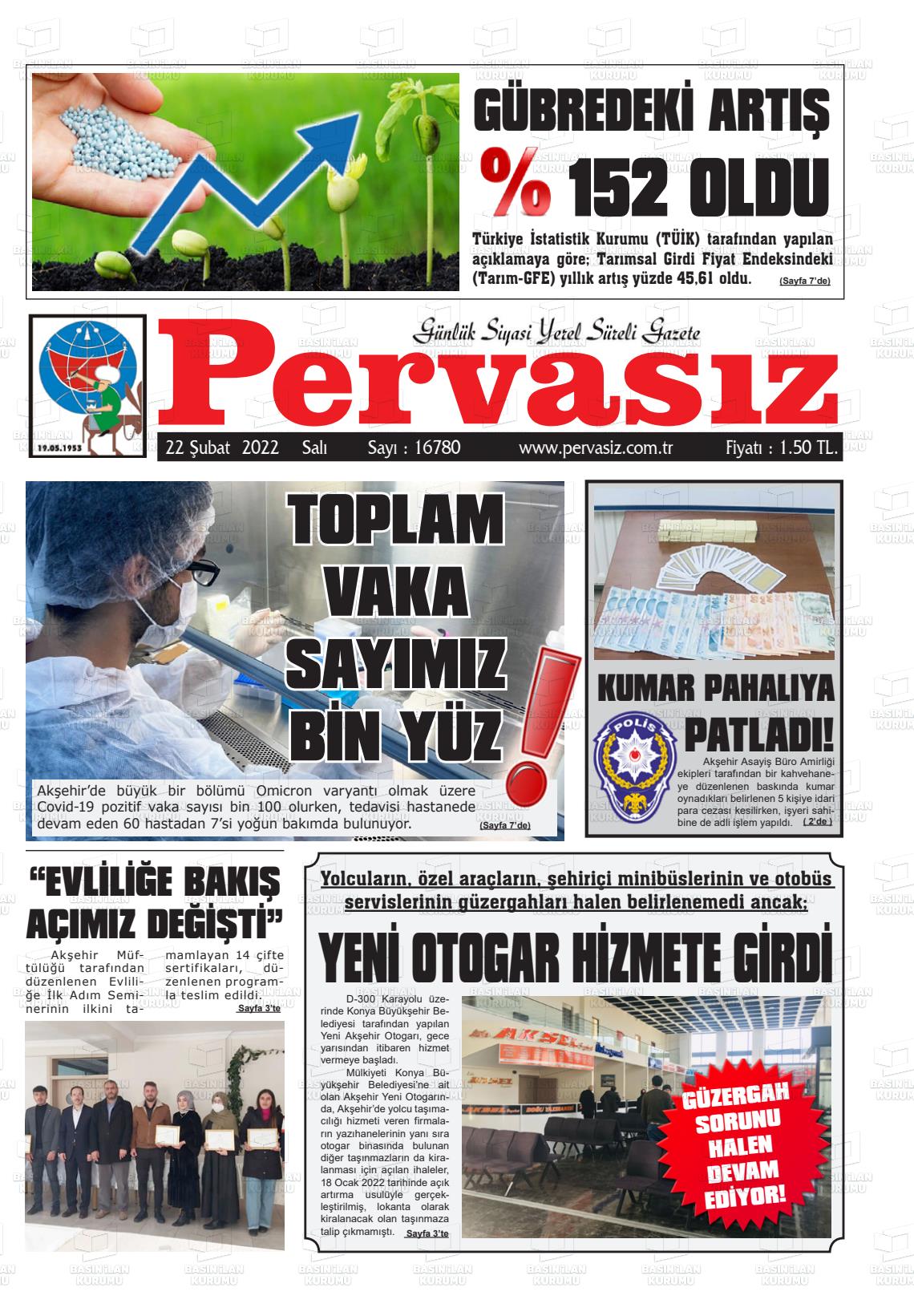 22 Şubat 2022 Konya Pervasız Gazete Manşeti