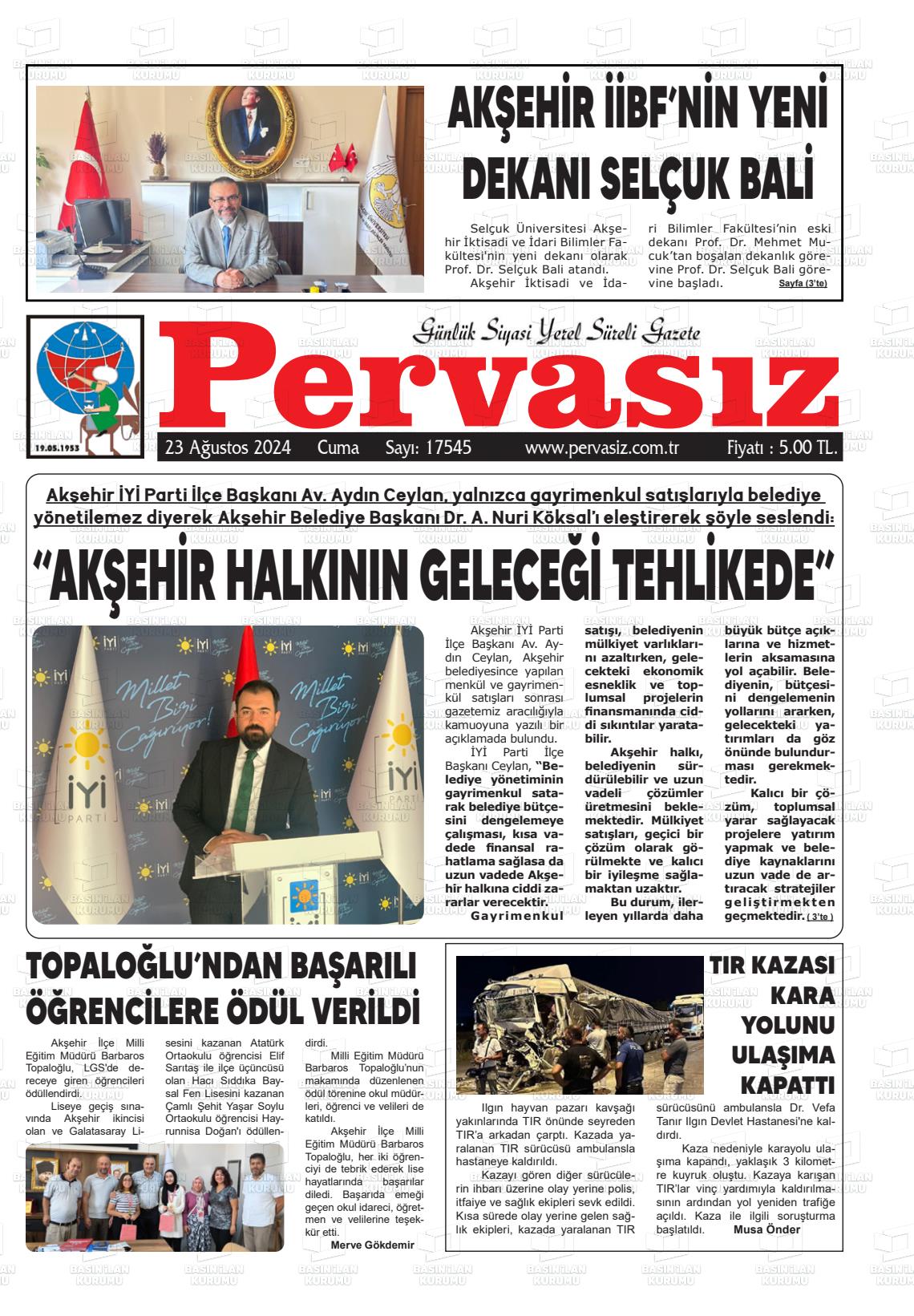 23 Ağustos 2024 Konya Pervasız Gazete Manşeti