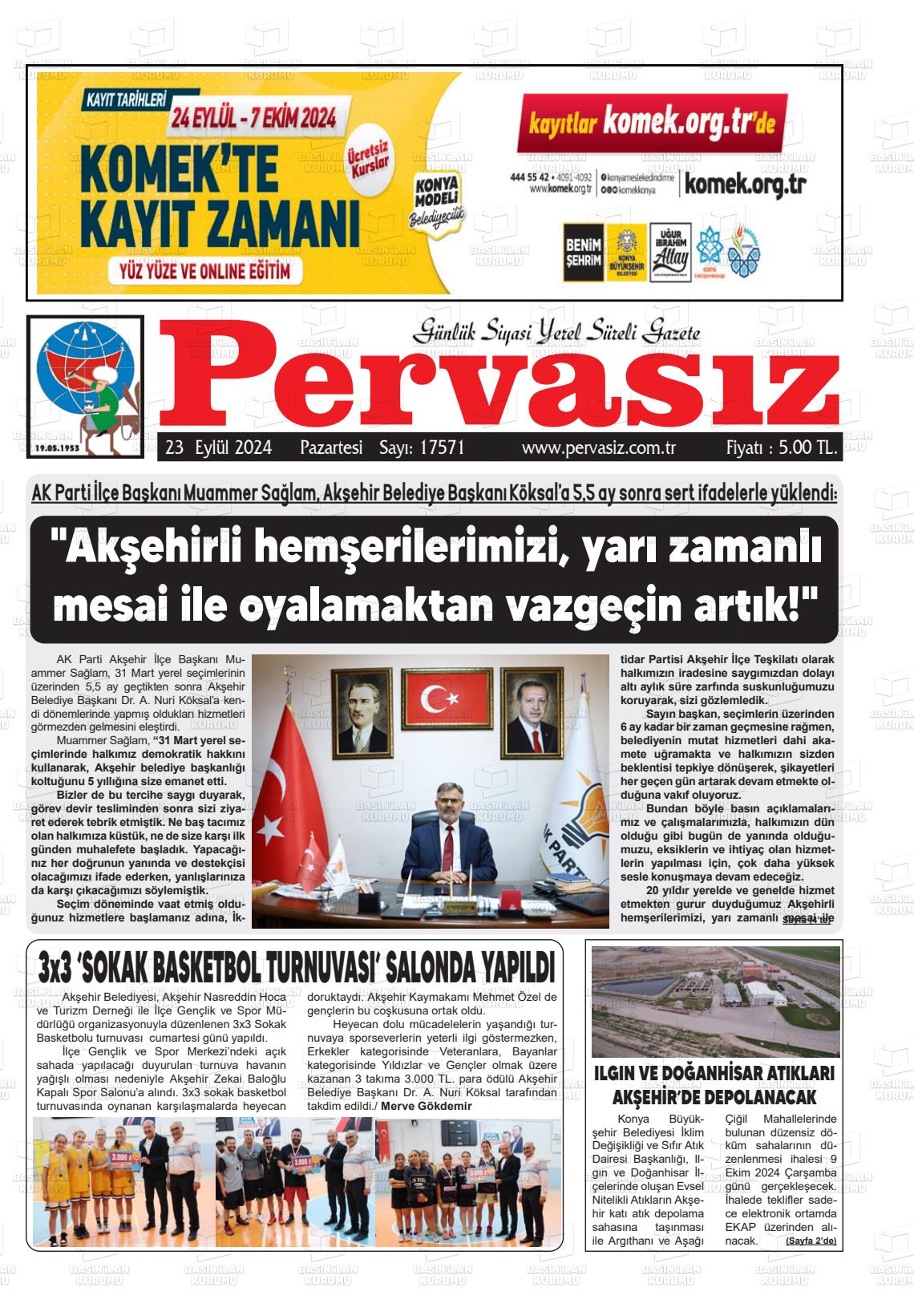 23 Eylül 2024 Konya Pervasız Gazete Manşeti