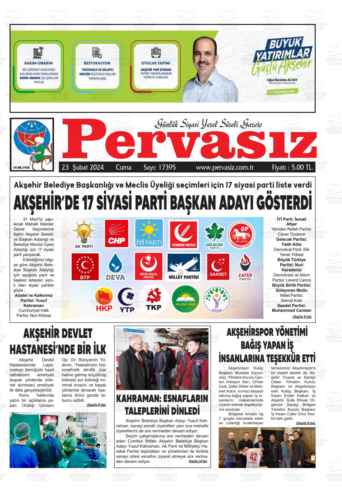 23 Şubat 2024 Konya Pervasız Gazete Manşeti