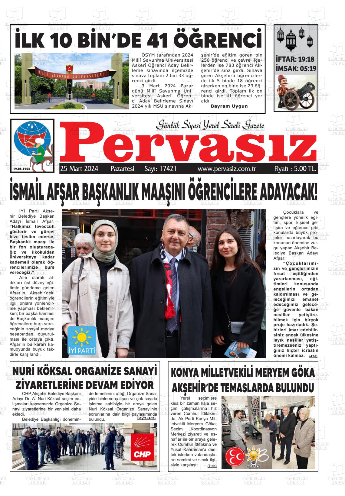 25 Mart 2024 Konya Pervasız Gazete Manşeti