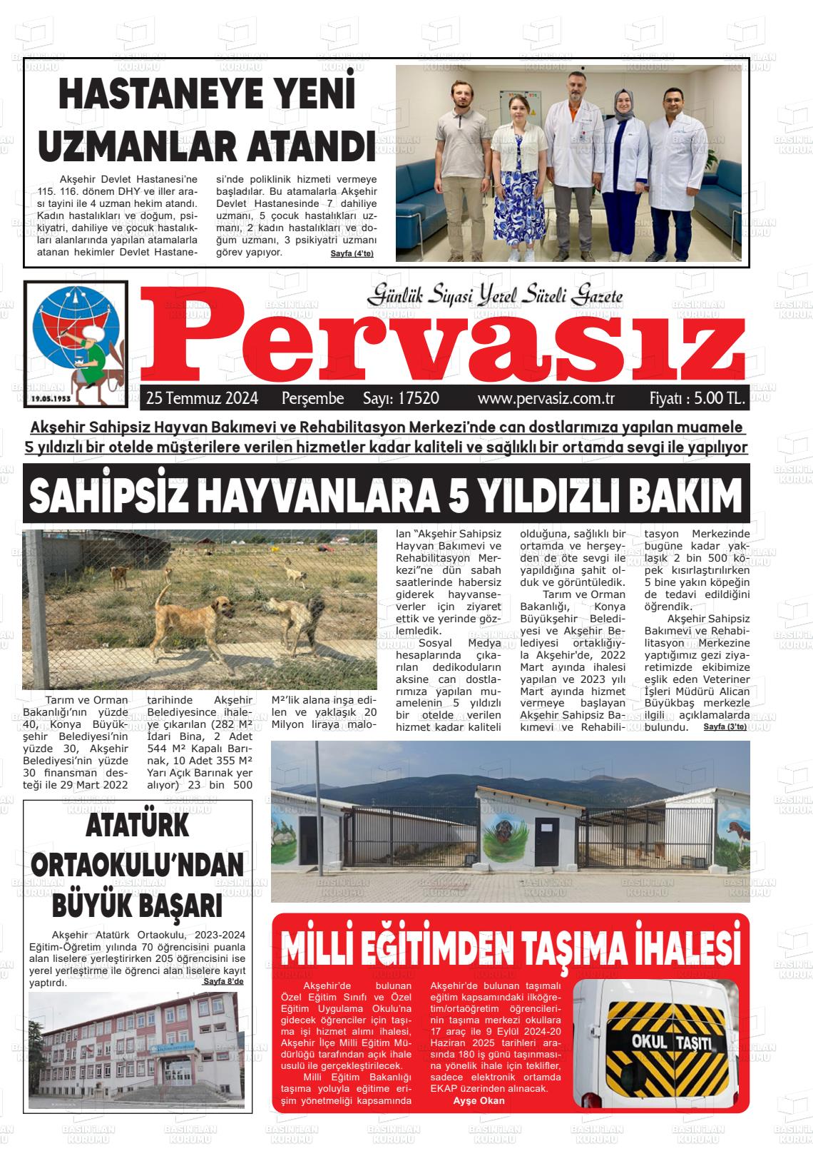 25 Temmuz 2024 Konya Pervasız Gazete Manşeti