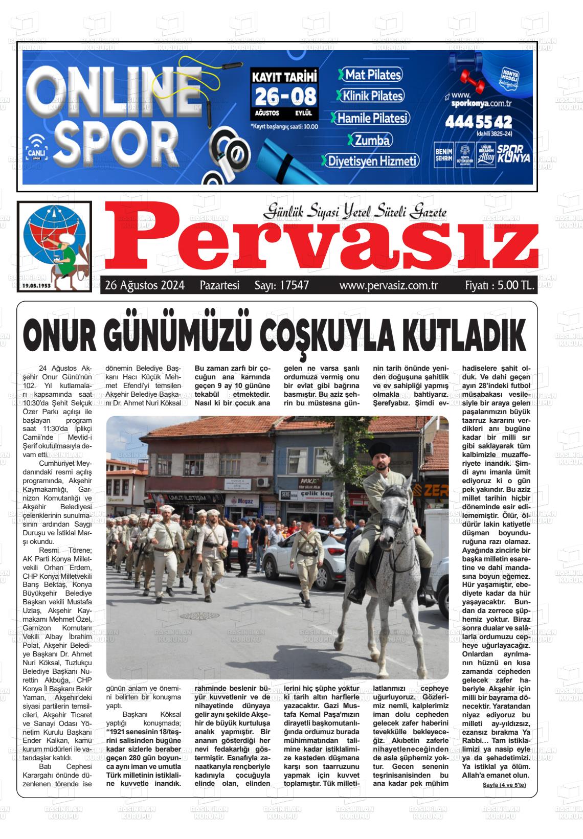 26 Ağustos 2024 Konya Pervasız Gazete Manşeti