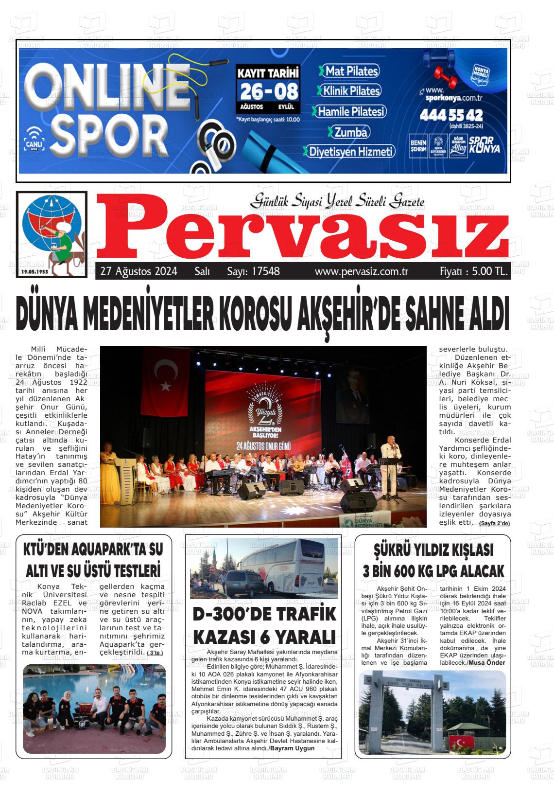 27 Ağustos 2024 Konya Pervasız Gazete Manşeti