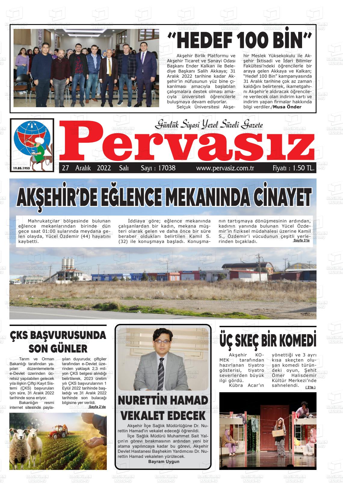 27 Aralık 2022 Konya Pervasız Gazete Manşeti