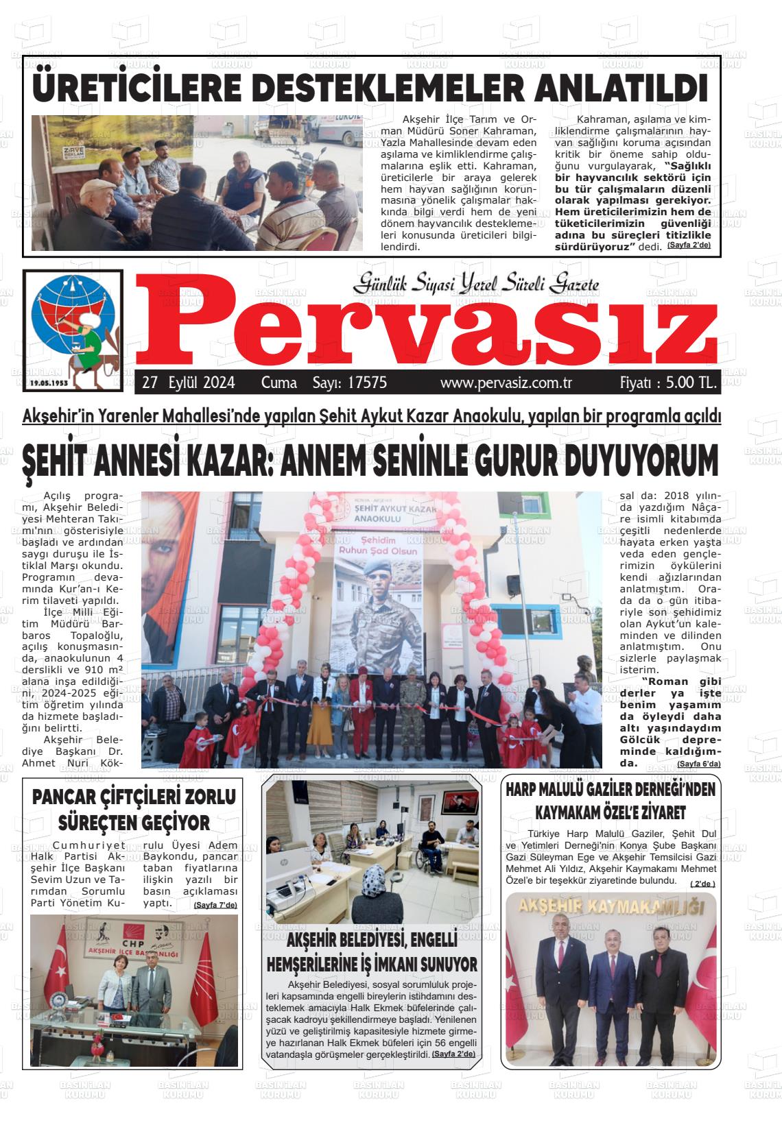 27 Eylül 2024 Konya Pervasız Gazete Manşeti