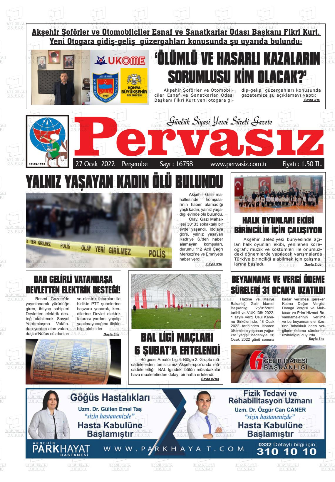 27 Ocak 2022 Konya Pervasız Gazete Manşeti