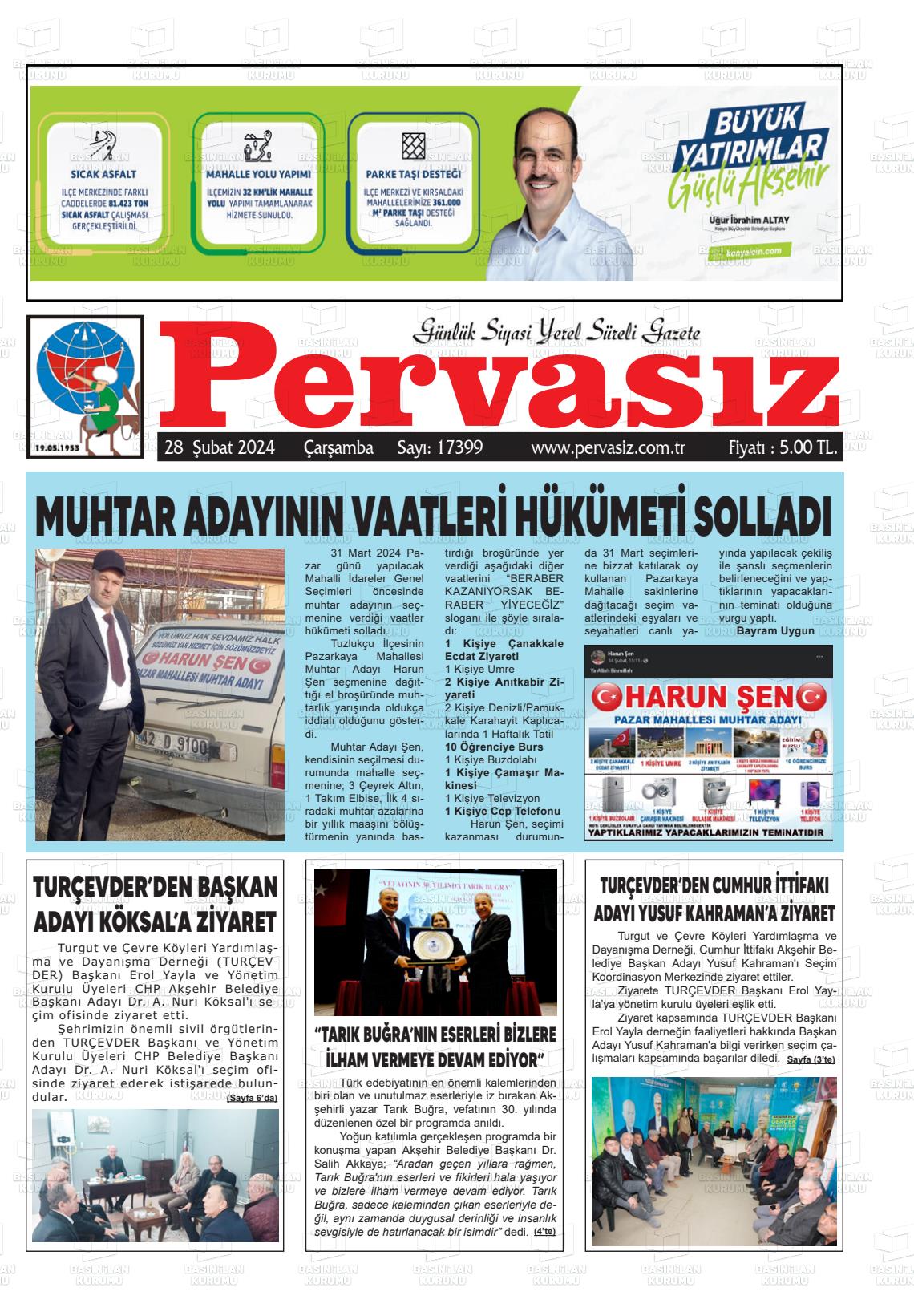 28 Şubat 2024 Konya Pervasız Gazete Manşeti