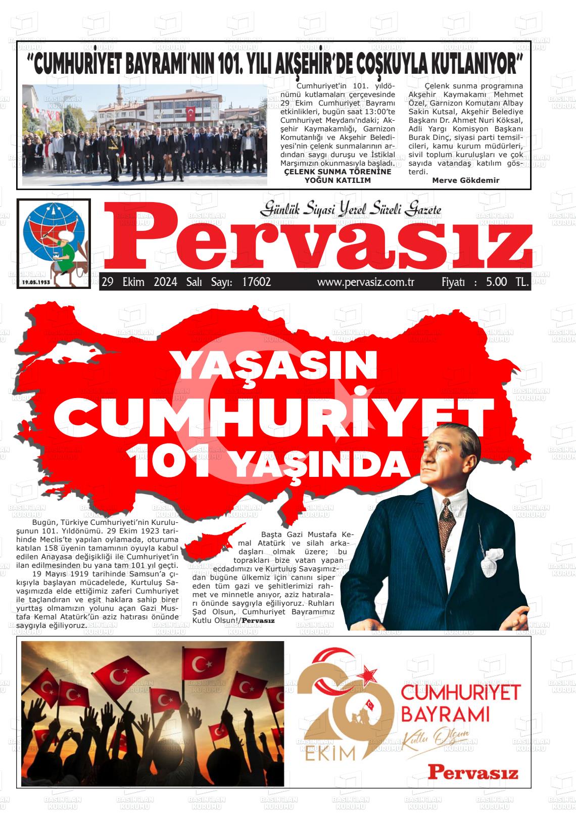 29 Ekim 2024 Konya Pervasız Gazete Manşeti