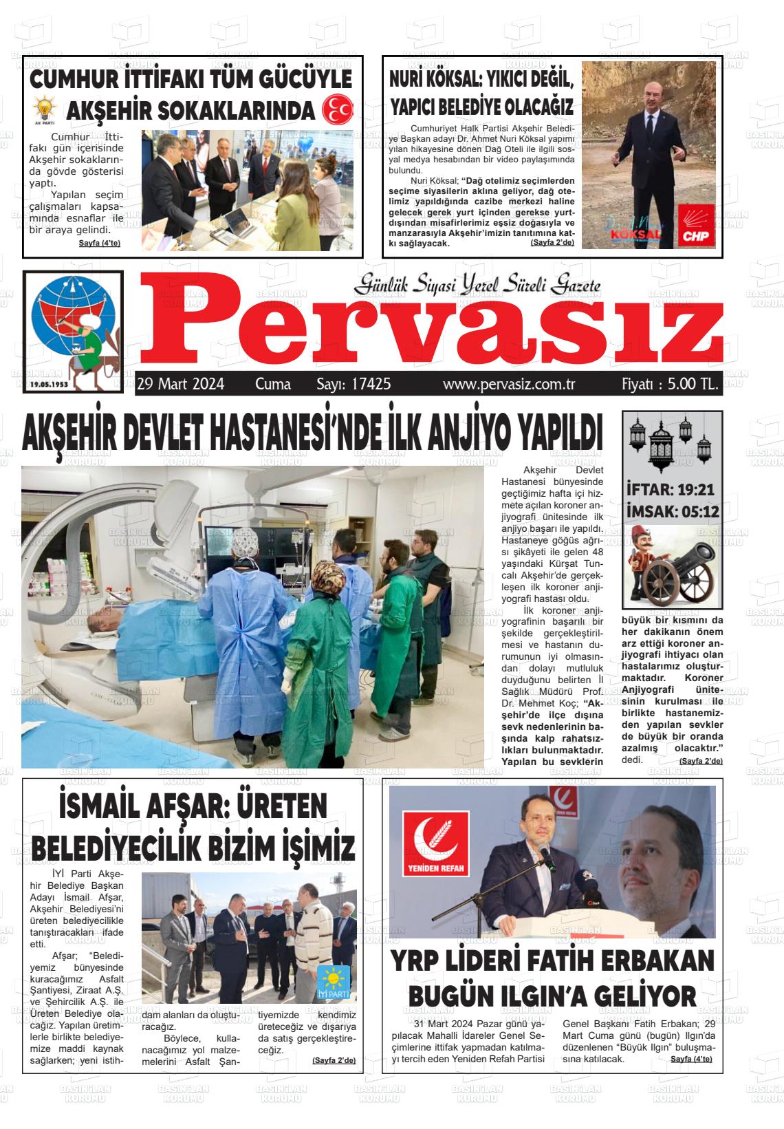 29 Mart 2024 Konya Pervasız Gazete Manşeti