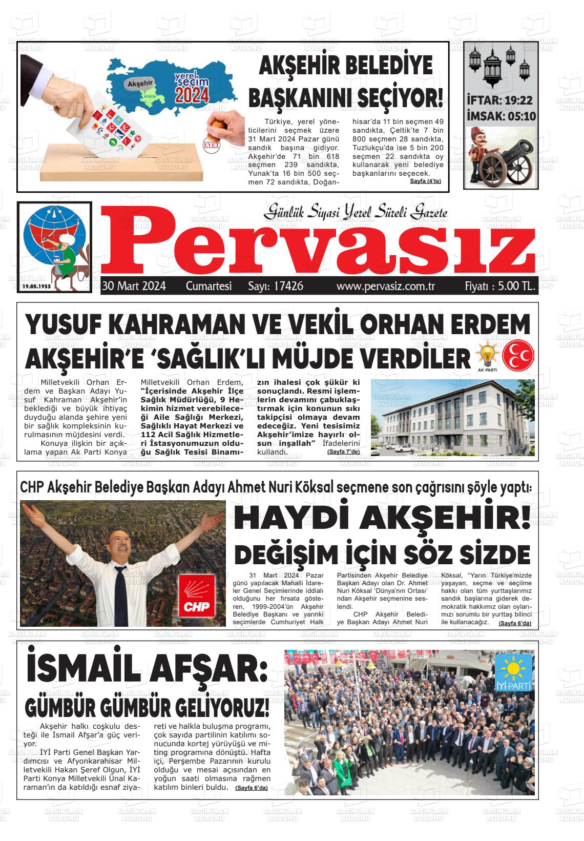 30 Mart 2024 Konya Pervasız Gazete Manşeti