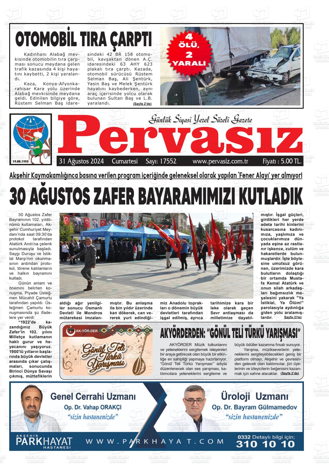 31 Ağustos 2024 Konya Pervasız Gazete Manşeti